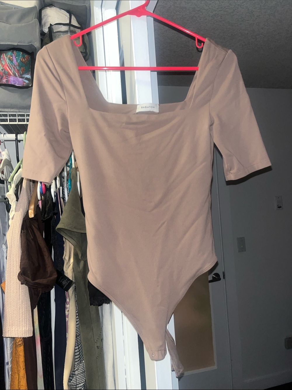 Babaton Taupe Square-Neck Short Sleeve Bodysuit